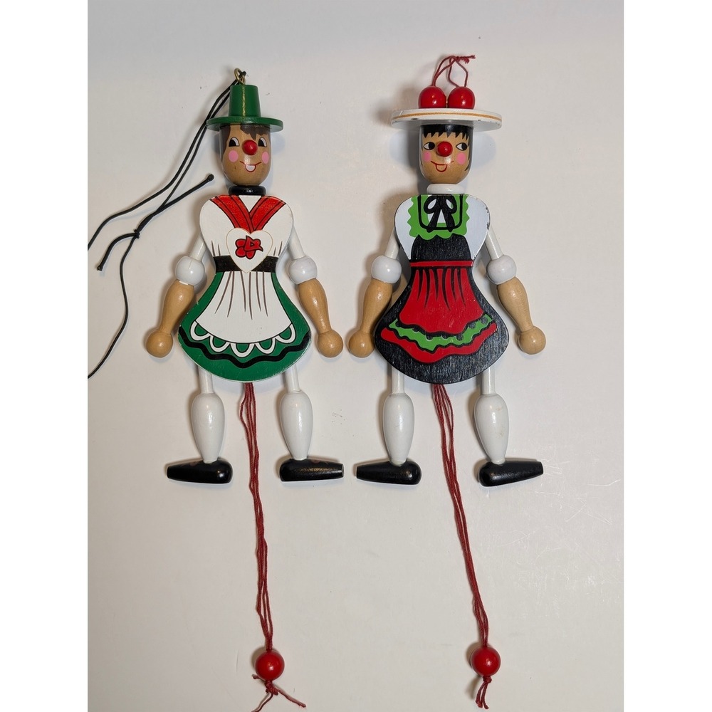 Vintage E Pfaff Wooden Jumping Jack Ornaments German Folk Art Pull String Set 2